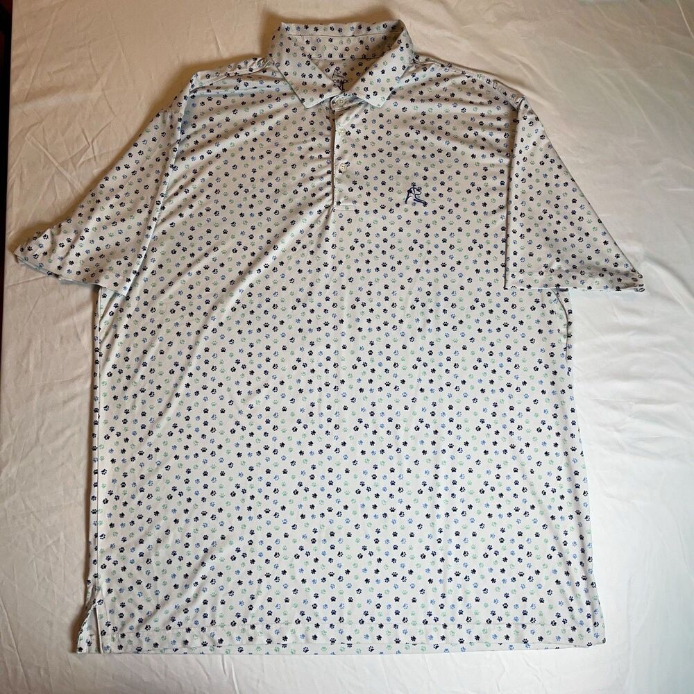 Rhoback Shirt Mens XXL 2XL White Dog Paw Print Performance Golf Polo Stretch